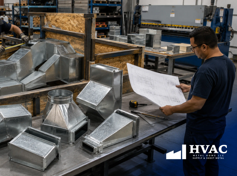 Custom HVAC duct fittings fabricated for tight and irregular ceiling spaces.