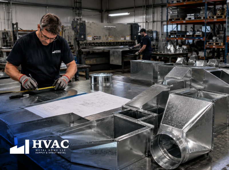 Custom fabricated ductwork resolving a complex HVAC layout with tight routes and offsets.
