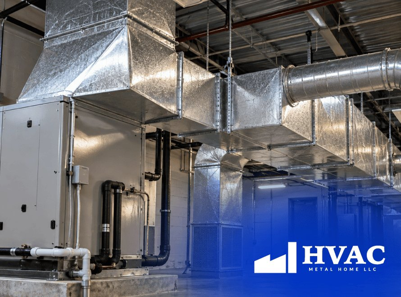 HVAC system with commercial equipment, custom ductwork, fittings, and air distribution components working together inside a mechanical space.