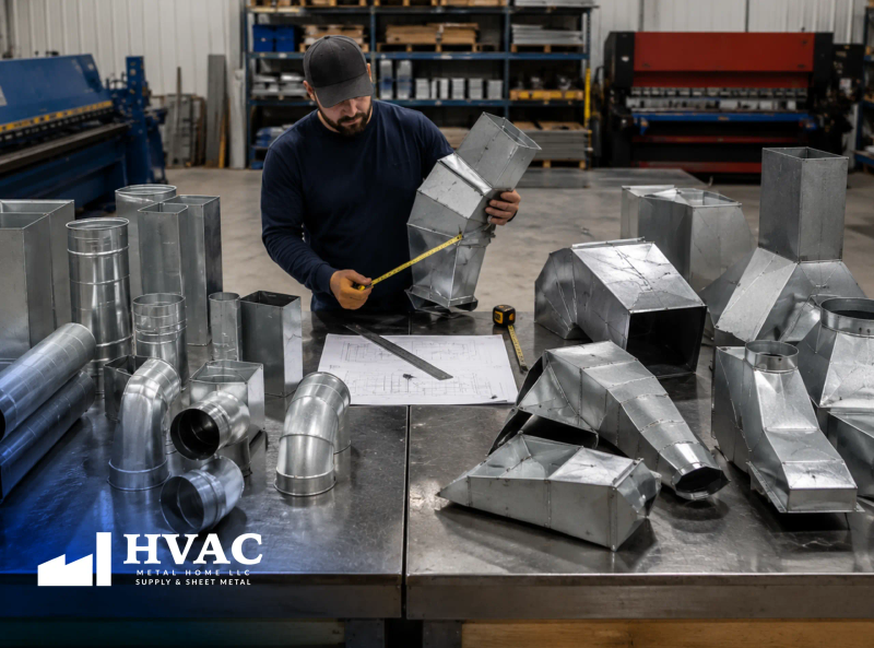 Comparison between custom fabricated HVAC metal components and standard duct components.