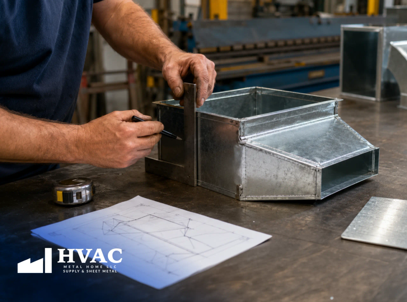 HVAC company near me guide showing a technician measuring a custom sheet metal duct fitting during fabrication for a specialized ductwork project.