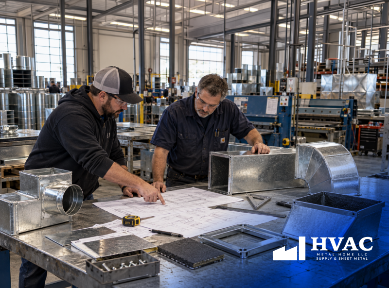 HVAC contractor reviewing project drawings and custom ductwork components with a fabrication specialist before ordering materials.